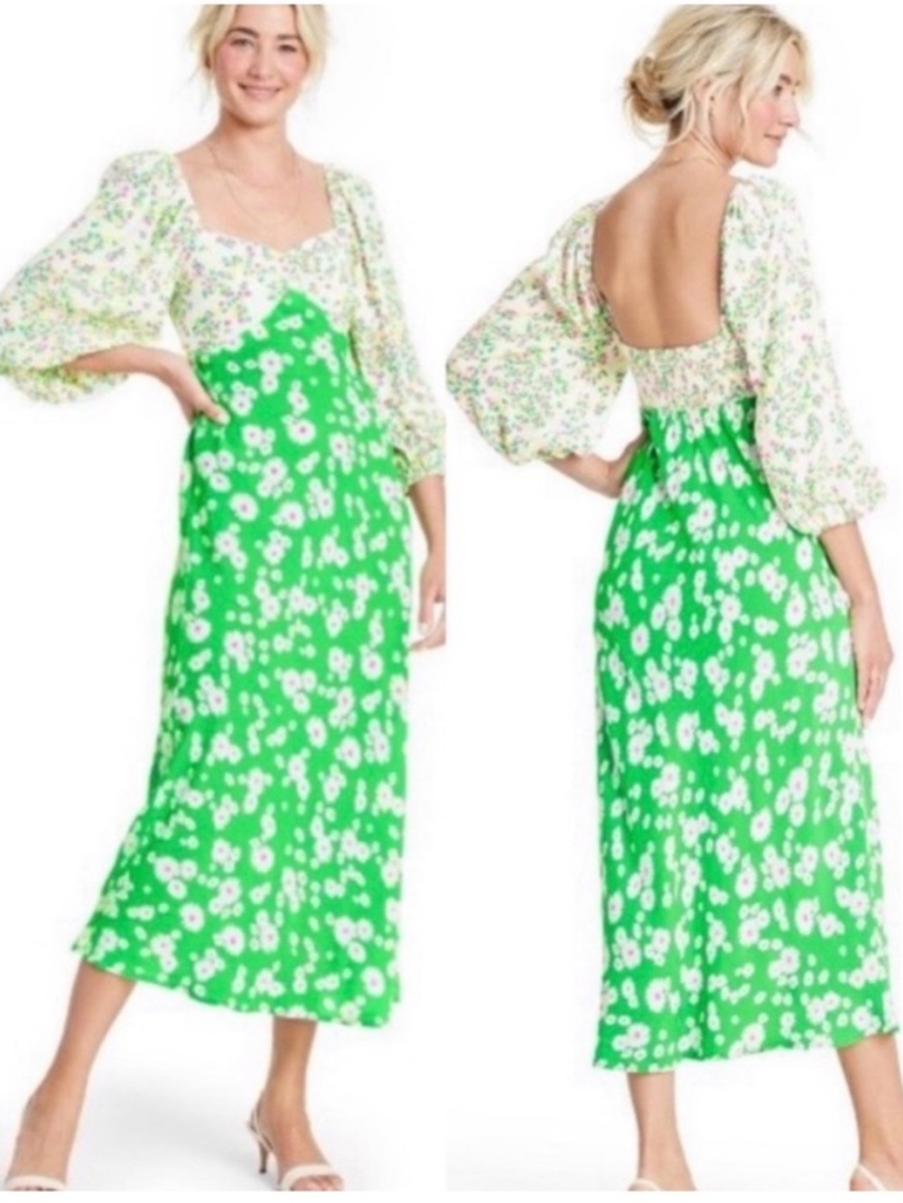 RIXO Green Daisy Midi Dress with Cream Floral Puff Sleeves Rayon Stretch Size 16